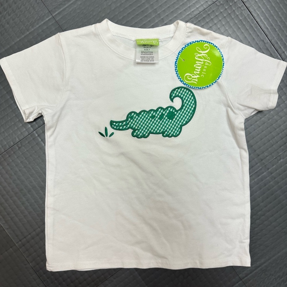 WHIMSY CROCODILE ALLIGATOR SIZE 7 EMBROIDERED BOYS WHITE T SHIRT